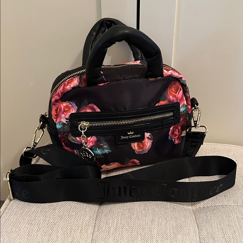 Juicy Couture Black and Pink Floral Handbag with Crossbody Strap